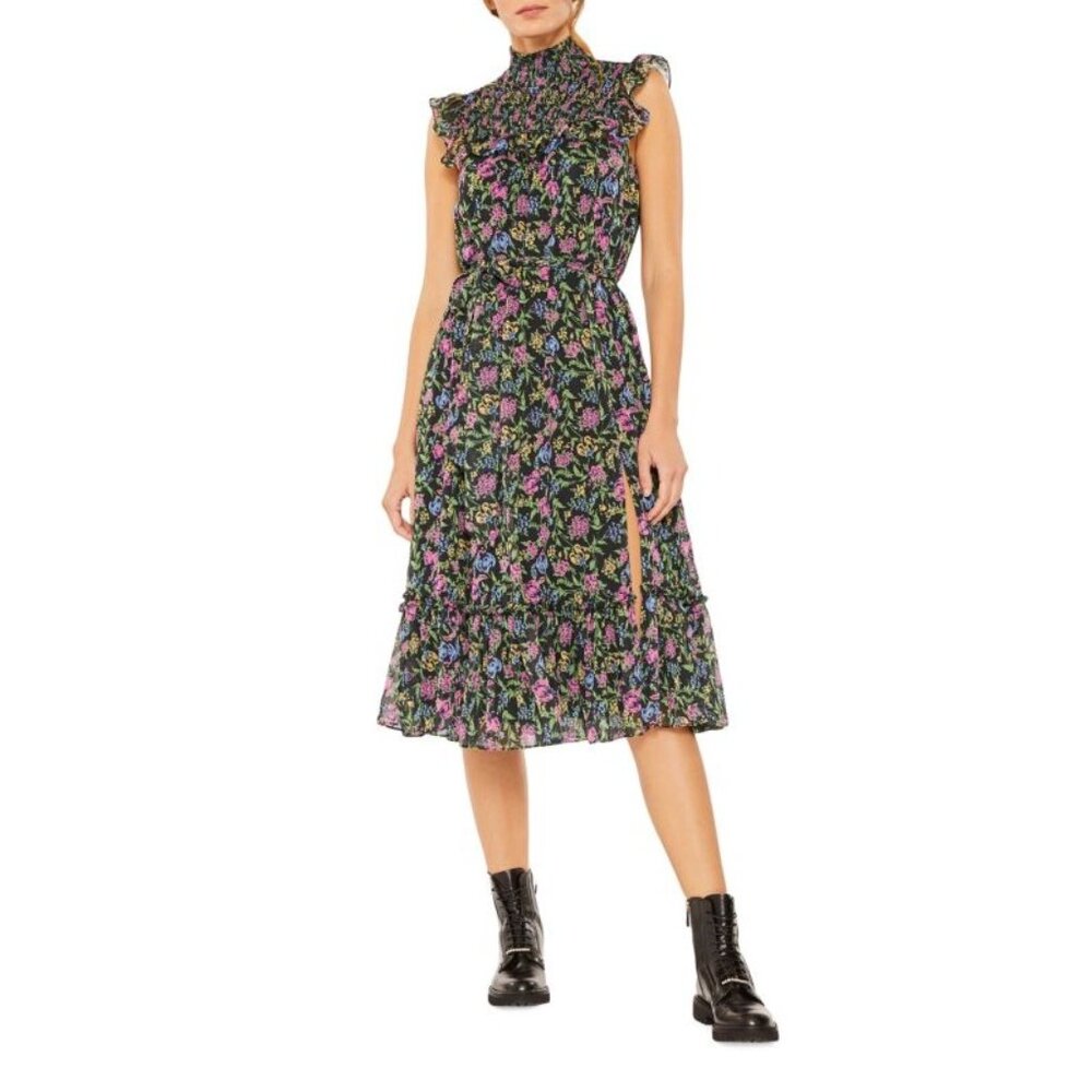 Likely Gio Smocked Floral Ruffle Midi Georgette Dress Black Size 0 NEW
